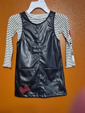 Disney Black Faux Leather Pinafore with Striped Tee